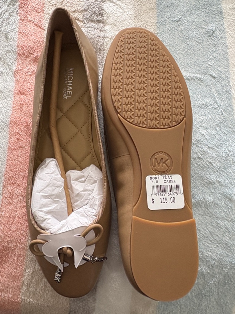 Michael Kors Tan Leather Quilted Insole Ballet Flats with Bow and Logo Accents - Picture 2 of 2